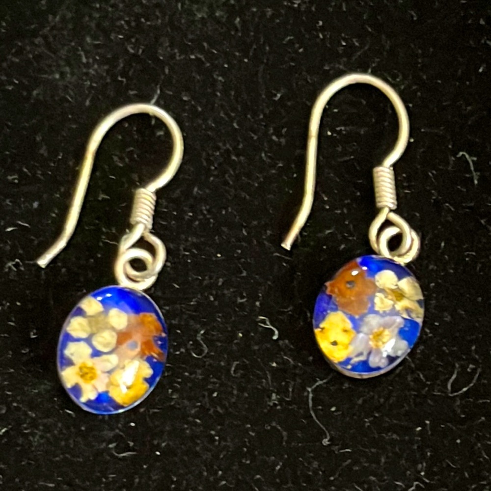 925 Sterling Blue Floral Resin Drop Earrings with Silver Hooks